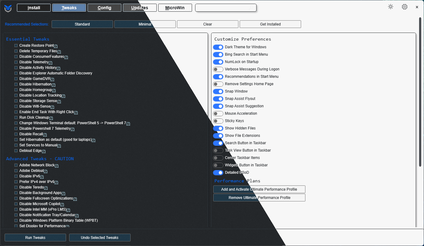 Interface de WinUtil, l'utilitaire open source de Chris Titus Tech pour optimiser Windows 11